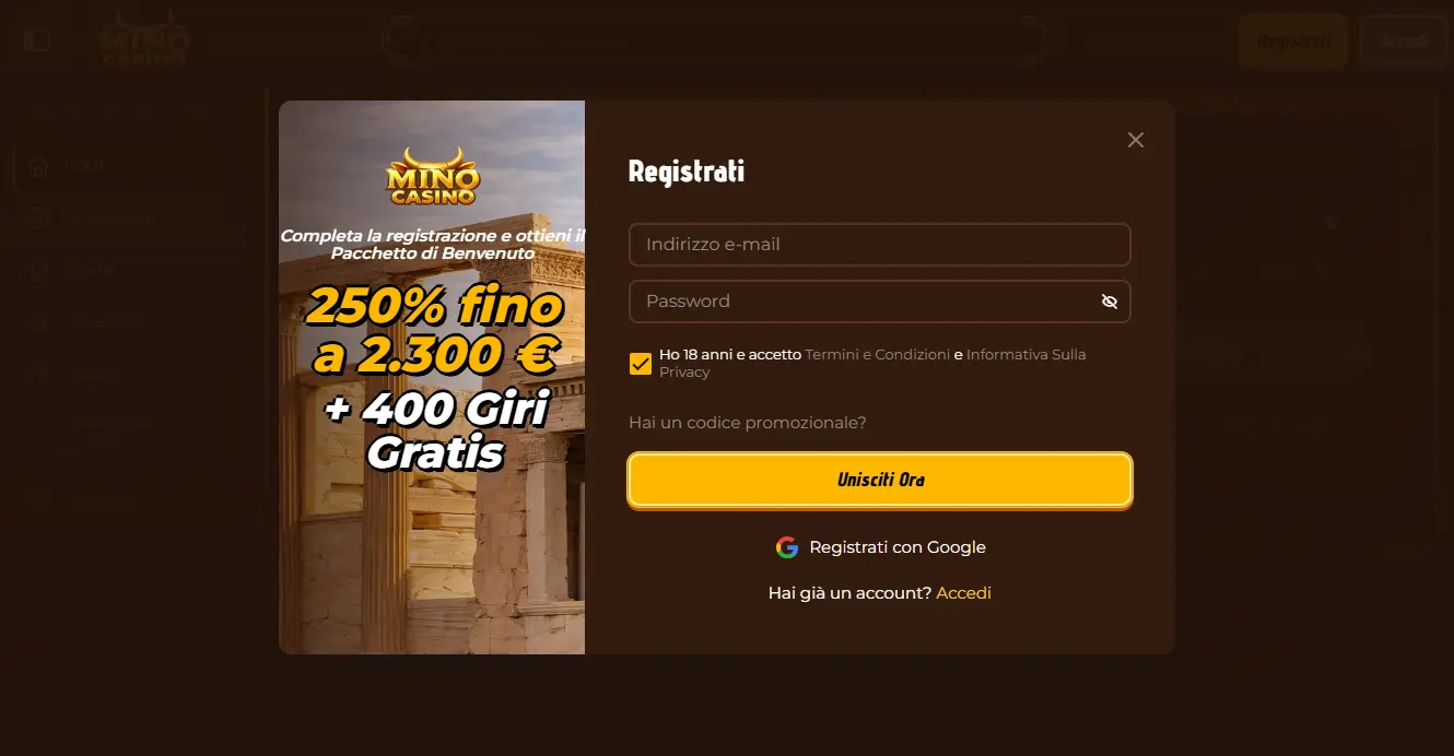 Come aprire un conto su Casino Mino
