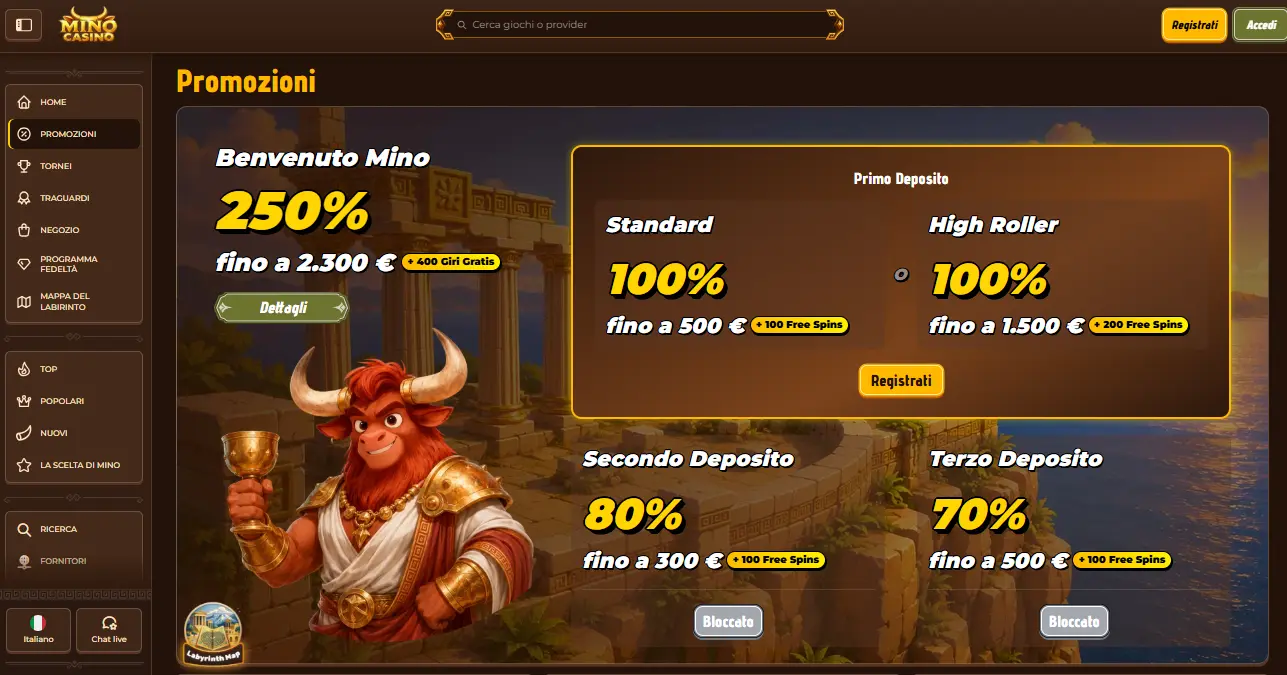 Il pacchetto di benvenuto e i bonus di Mino Casino